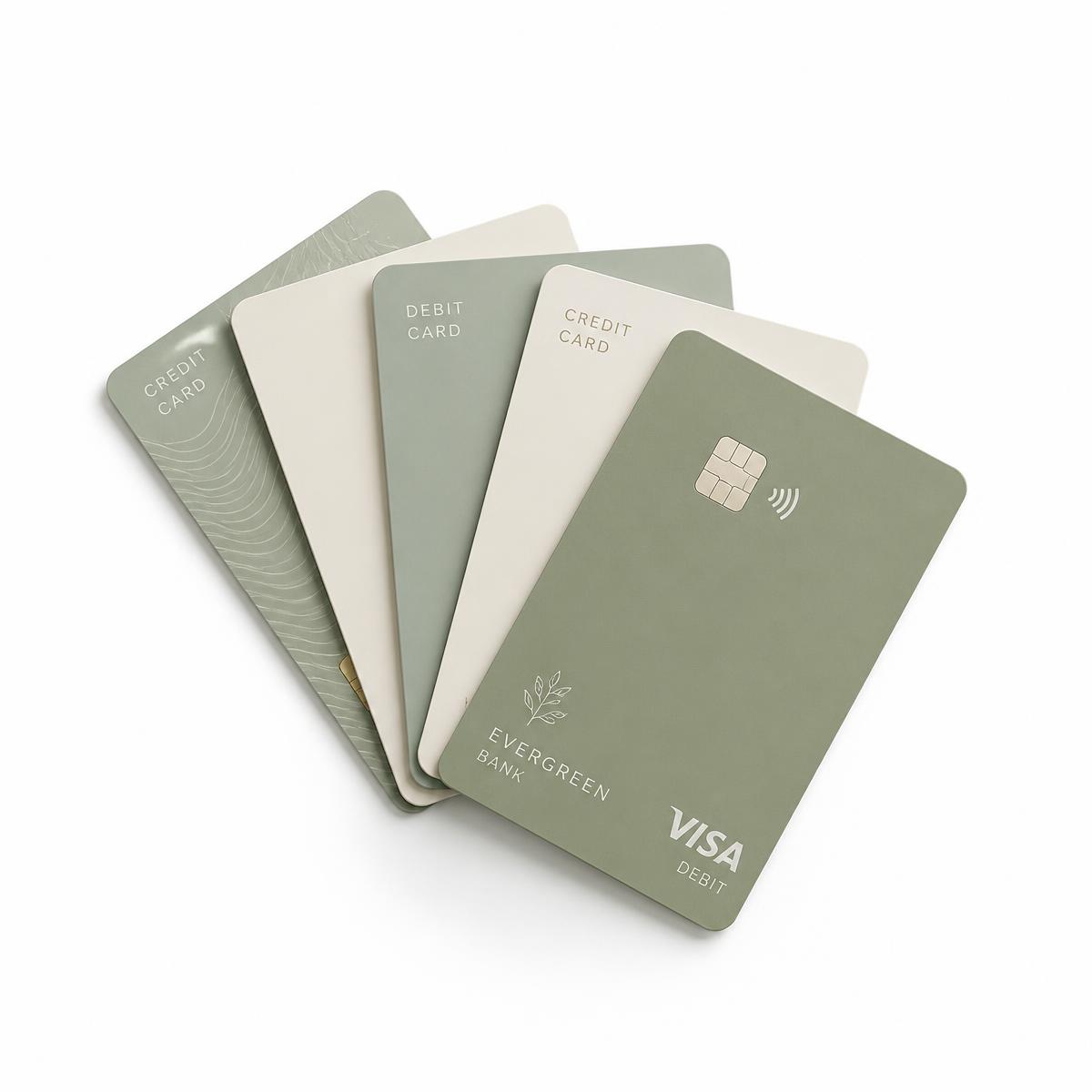 A fan of sage green credit and debit cards on a clean white background