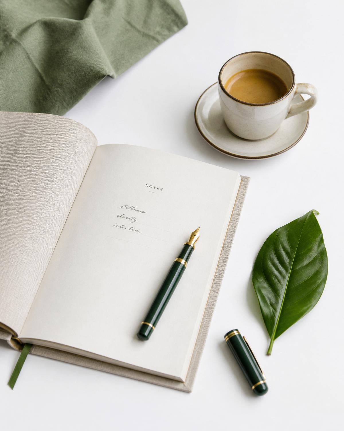 Open linen notebook with a green fountain pen and an espresso, morning reflection